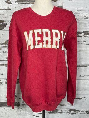 OAT COLLECTIVE Merry Holiday Fleece Lined Sweatshirt in Washed Red Sz M NWOT